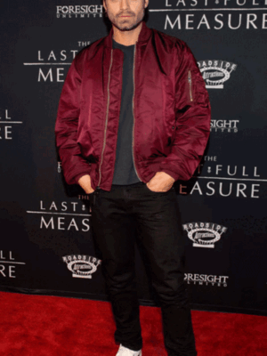 Sebastian Stan The Last Full Measure Maroon Satin Bomber Jacket