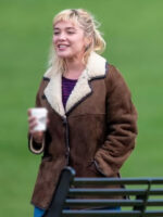 We Live in Time Florence Pugh Shearling Brown Leather Jacket